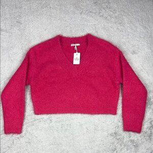 NEW Marine Layer Teddy Eyelash V-Neck Sweater Raspberry Cropped Womens XS‎
